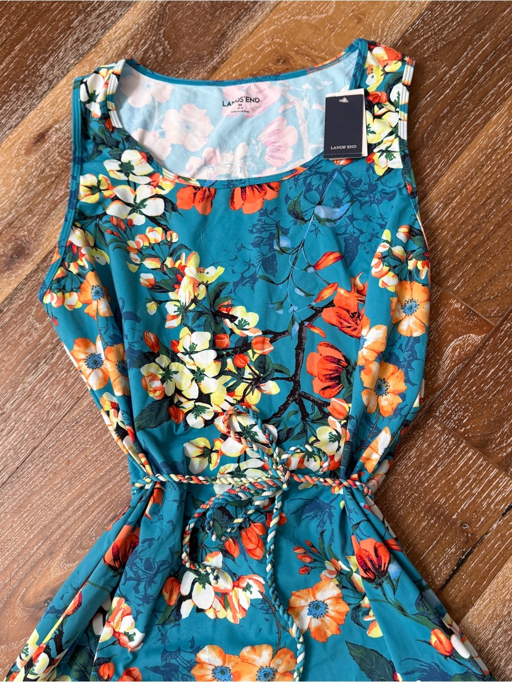 Lands' End NWT Teal Floral Swim Dress / Coverup with Tie Waist UPF 50 / Sz 10-12 - Picture 2 of 10